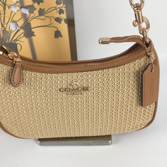 NWOT Coach Straw Woven Shoulder Bag Tan Leather Trim Gold Hardware – Style C2550 - Picture 2 of 13